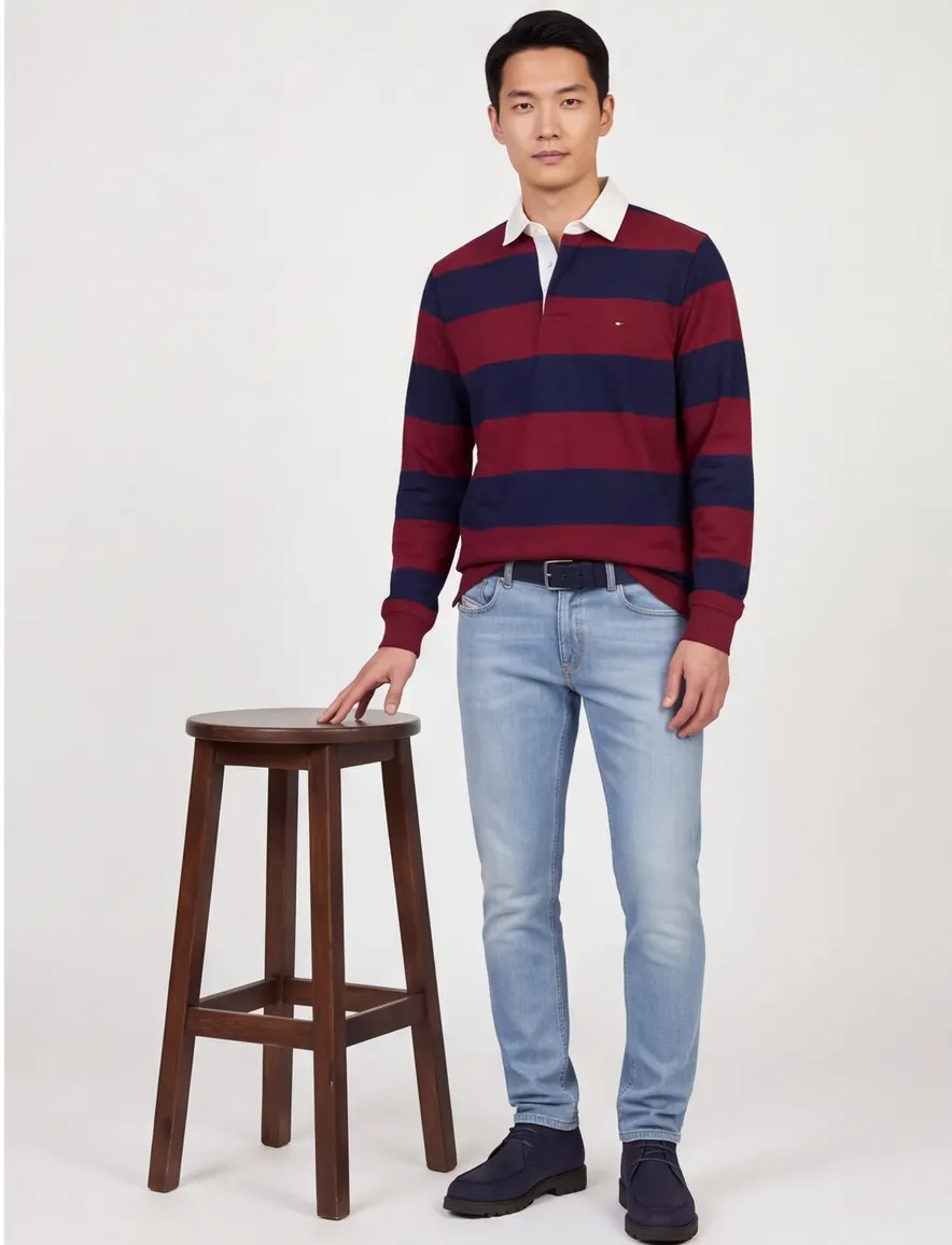 Tommy Hilfiger trui bordeaux gestreept met rugbykraag