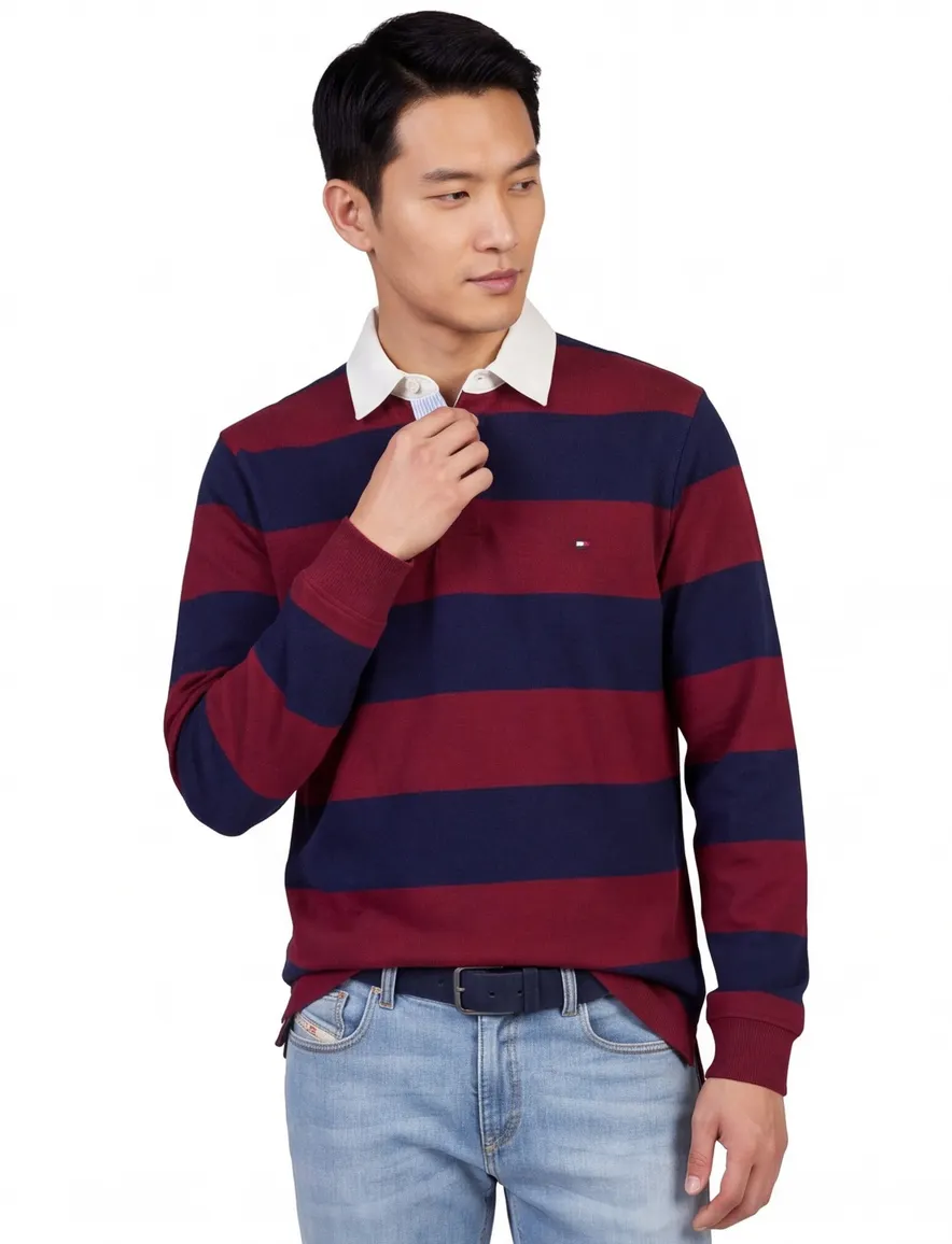 Tommy Hilfiger trui bordeaux gestreept met rugbykraag
