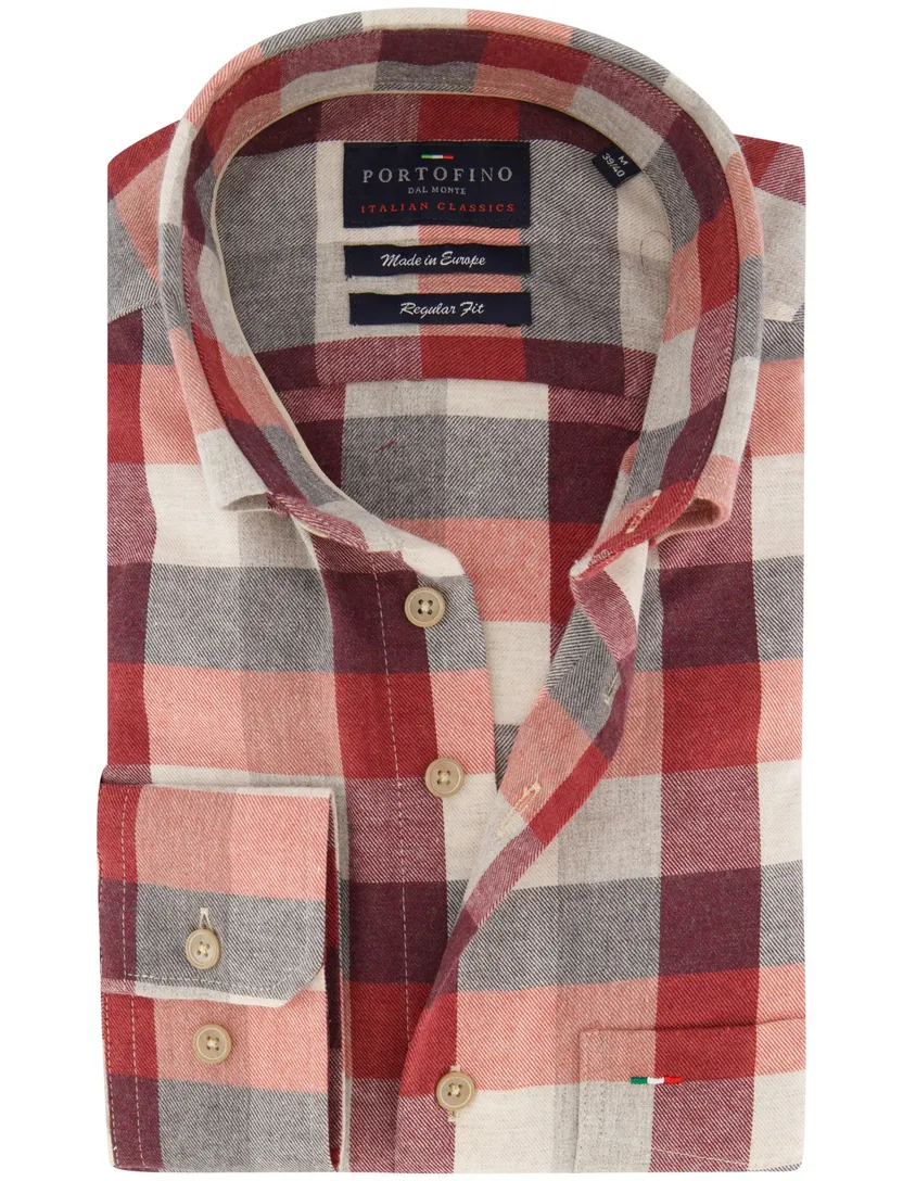 Portofino overhemden bordeaux geruit wijde fit