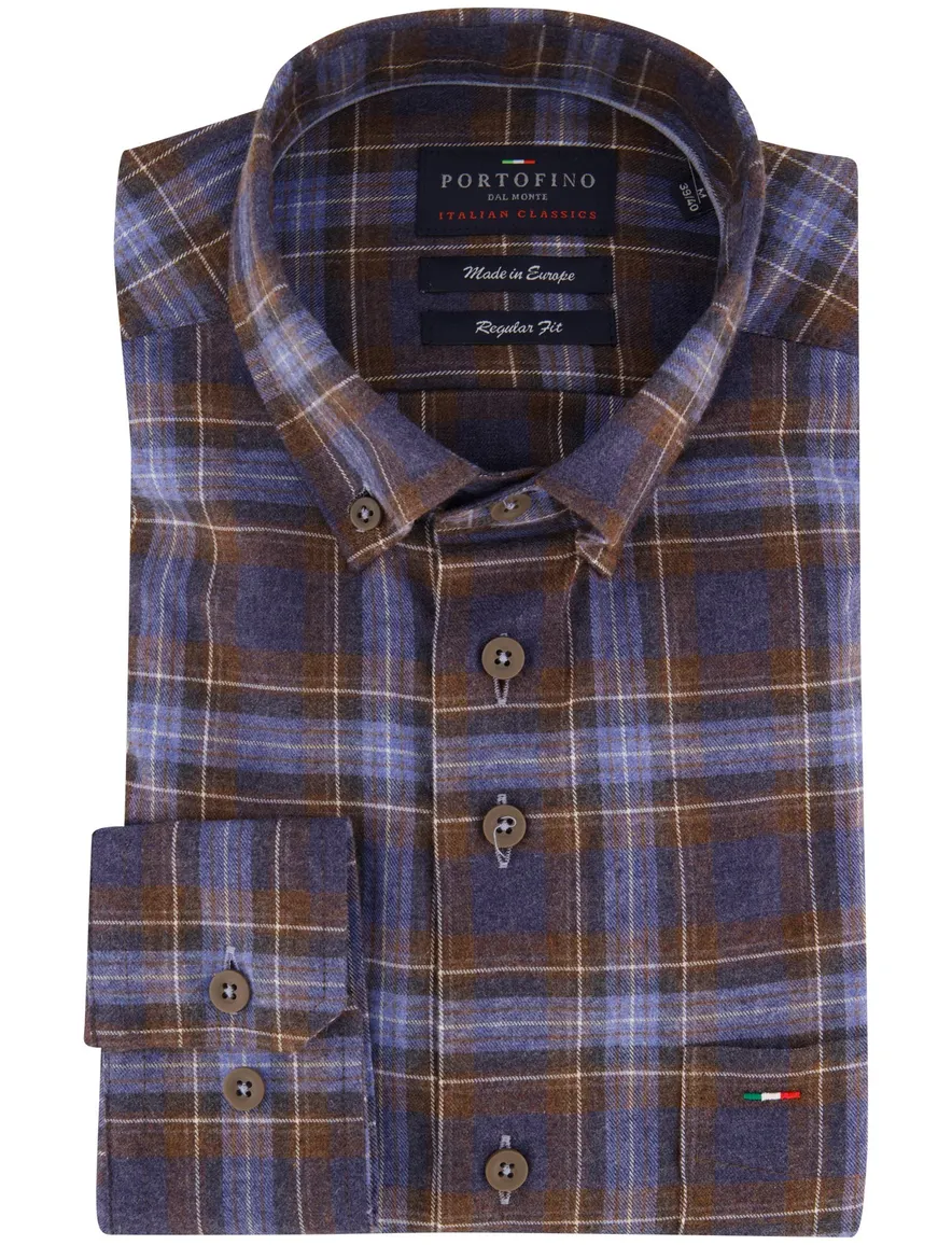Portofino overhemd blauw bruin geruit