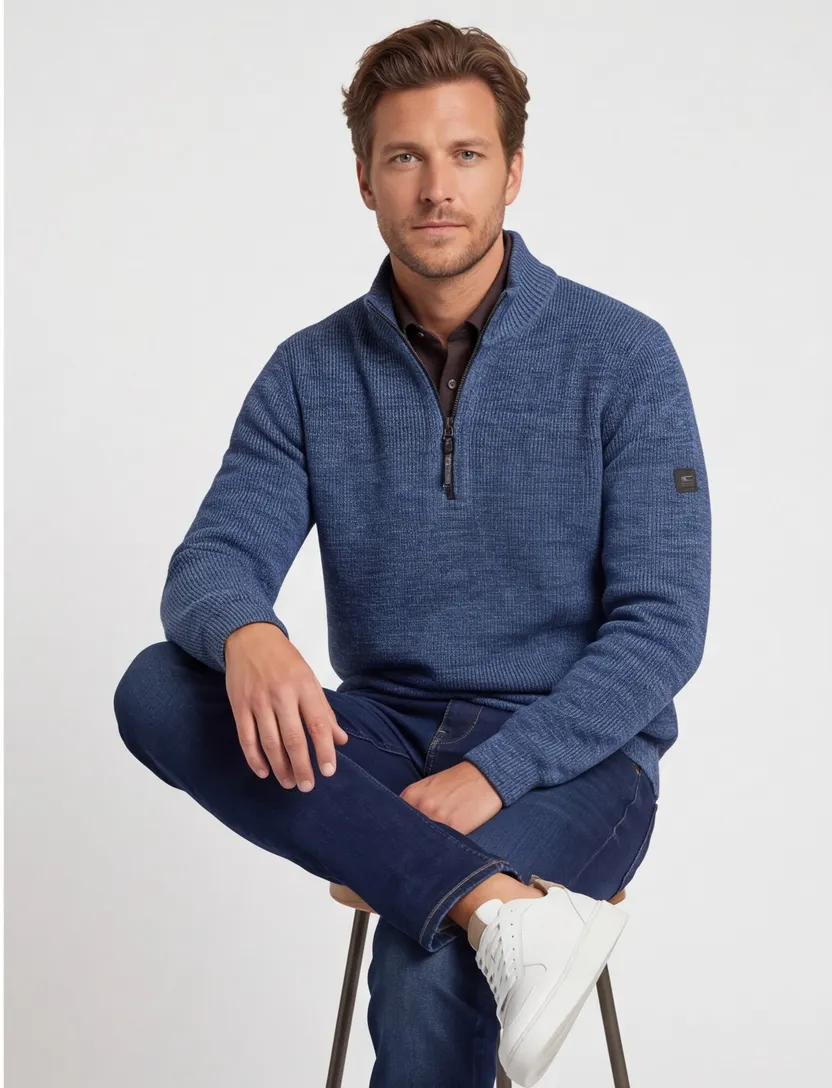 Camel Active half zip trui blauw gemeleerd