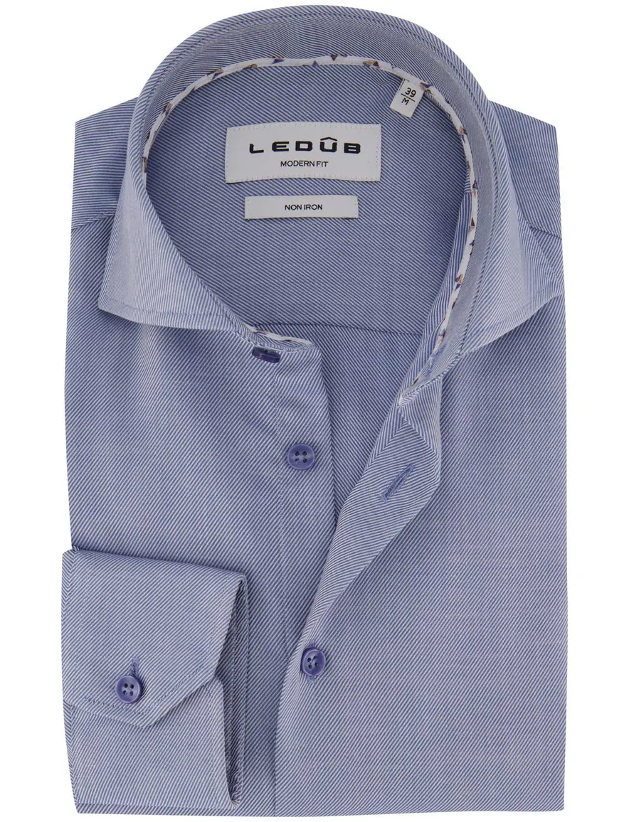 Ledub Modern Fit overhemd blauw gestreept strijkvrij