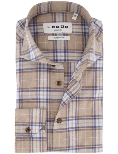 Ledub Overhemden Ledub Modern Fit beige blauw geruit