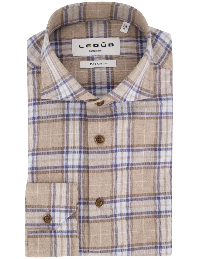 Overhemden Ledub Modern Fit beige blauw geruit