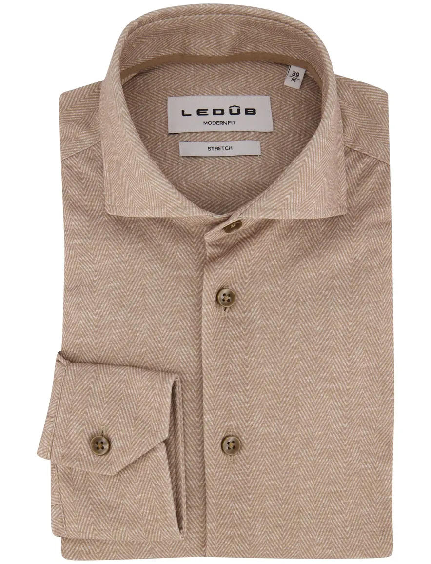 Ledub Modern Fit overhemd camel visgraatstructuur