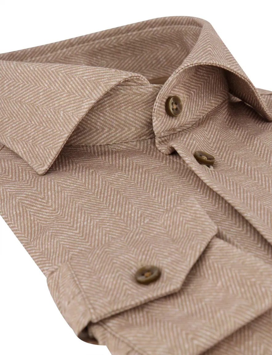 Ledub Modern Fit overhemd camel visgraatstructuur