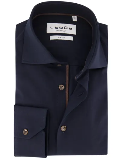 Ledub Ledub Modern Fit overhemden donkerblauw stretch