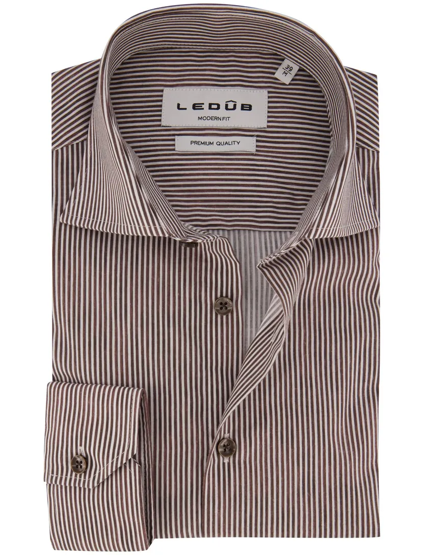 Overhemd Ledub Modern Fit bruin gestreept stretch