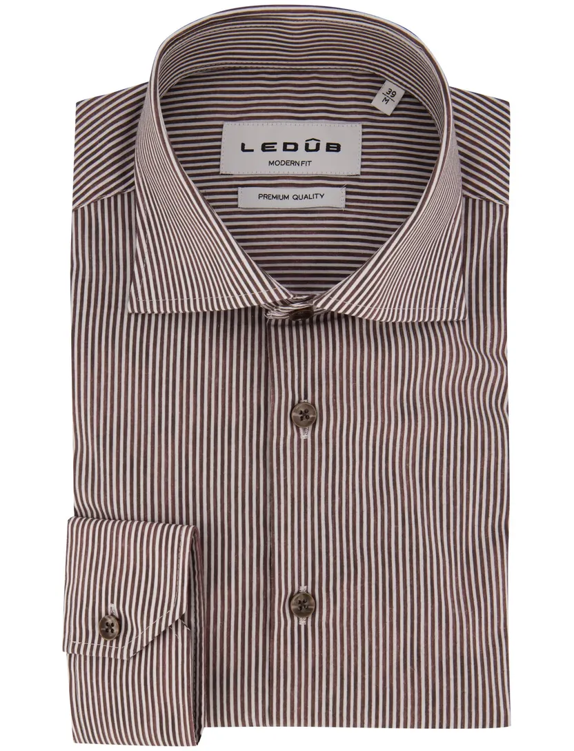 Overhemd Ledub Modern Fit bruin gestreept stretch