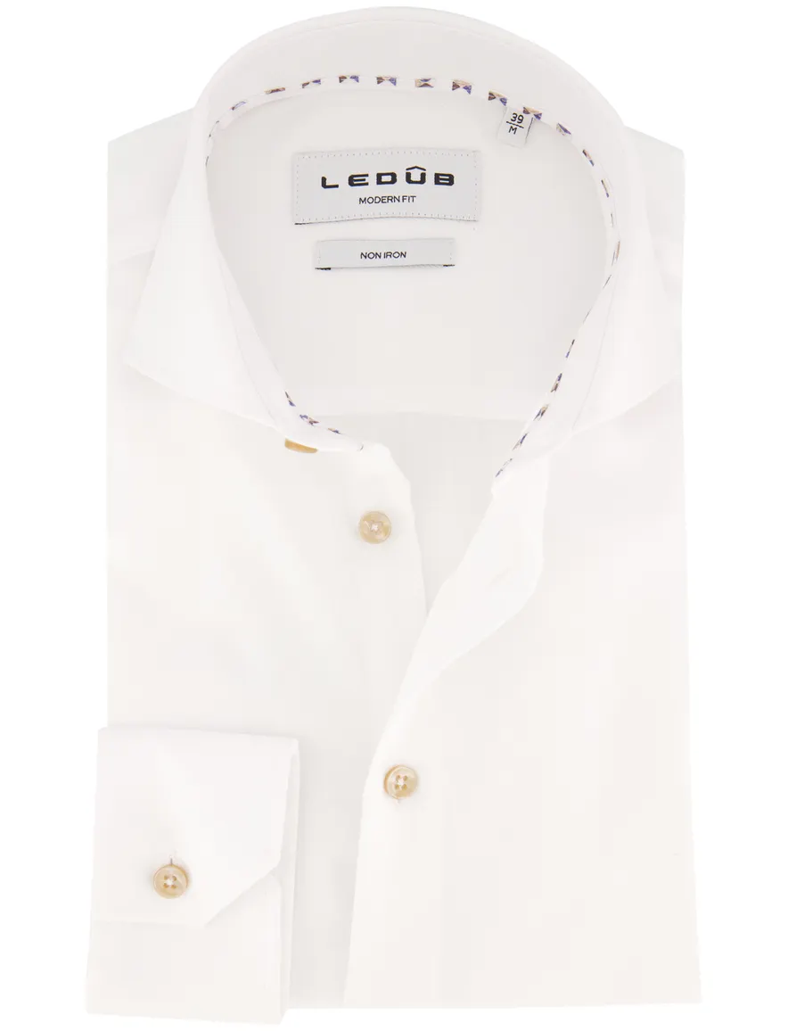 Ledub Modern Fit overhemd wit effen strijkvrij
