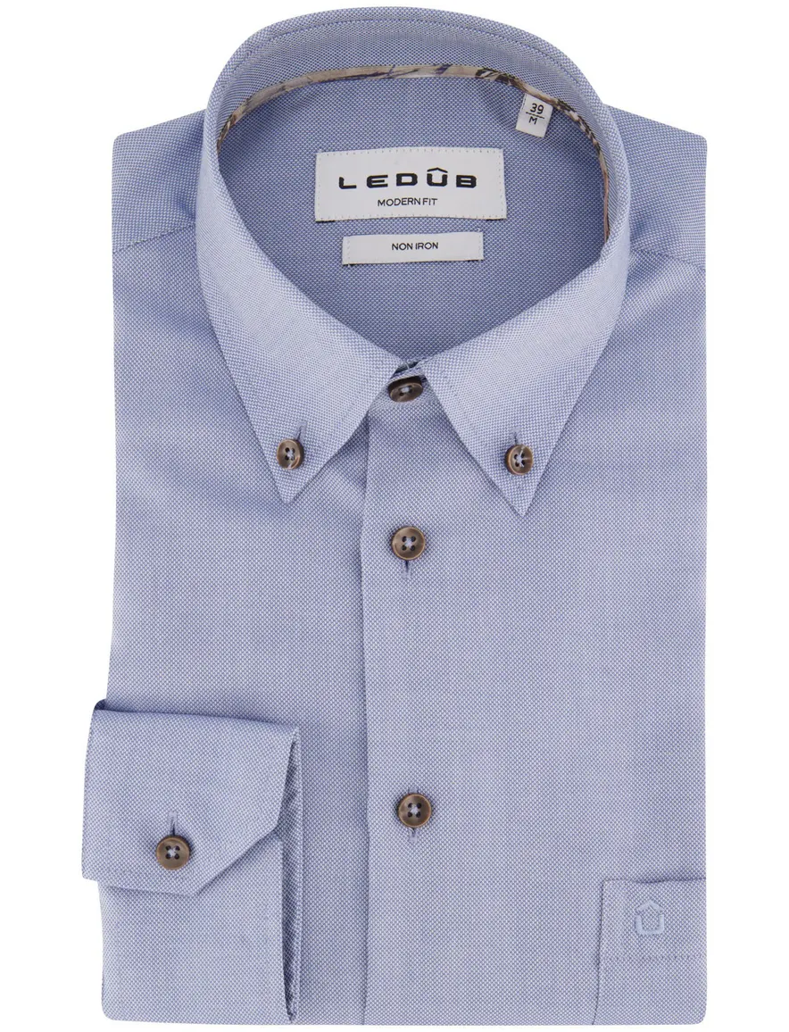 Ledub Modern Fit overhemd blauw strijkvrij
