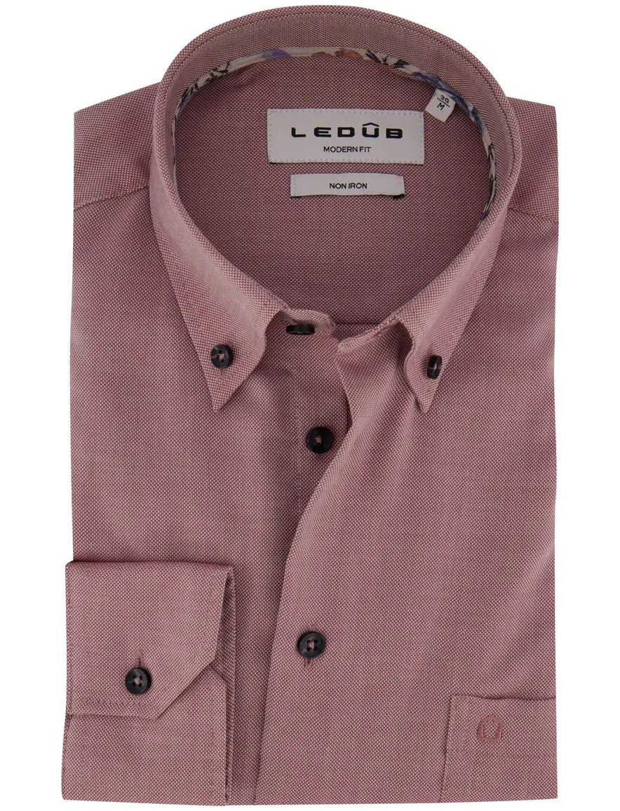 Ledub Modern Fit overhemd rood gemeleerd strijkvrij