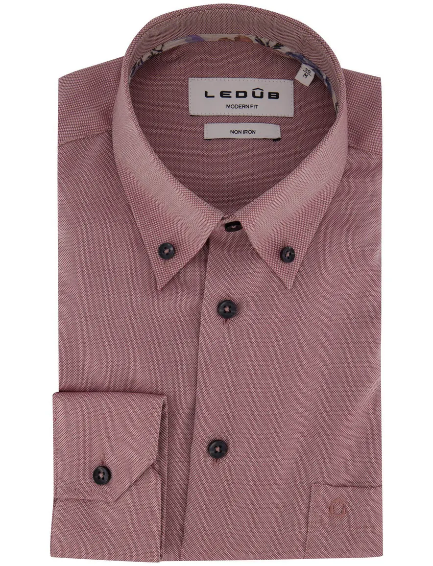 Ledub Modern Fit overhemd rood gemeleerd strijkvrij