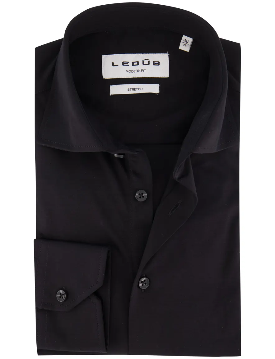 Ledub Modern Fit overhemd zwart effen stretch mouwlengte 7
