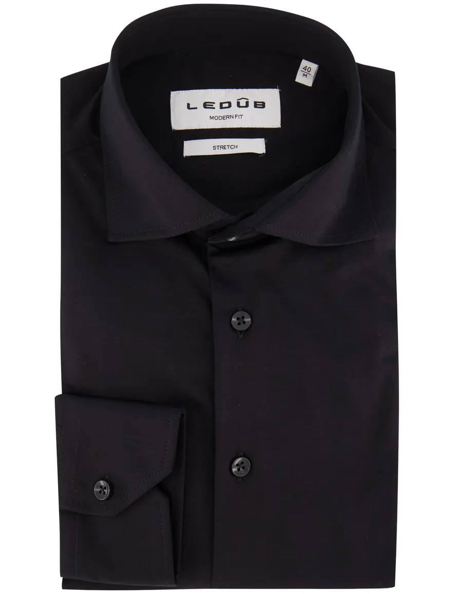Ledub Modern Fit overhemd zwart effen stretch mouwlengte 7