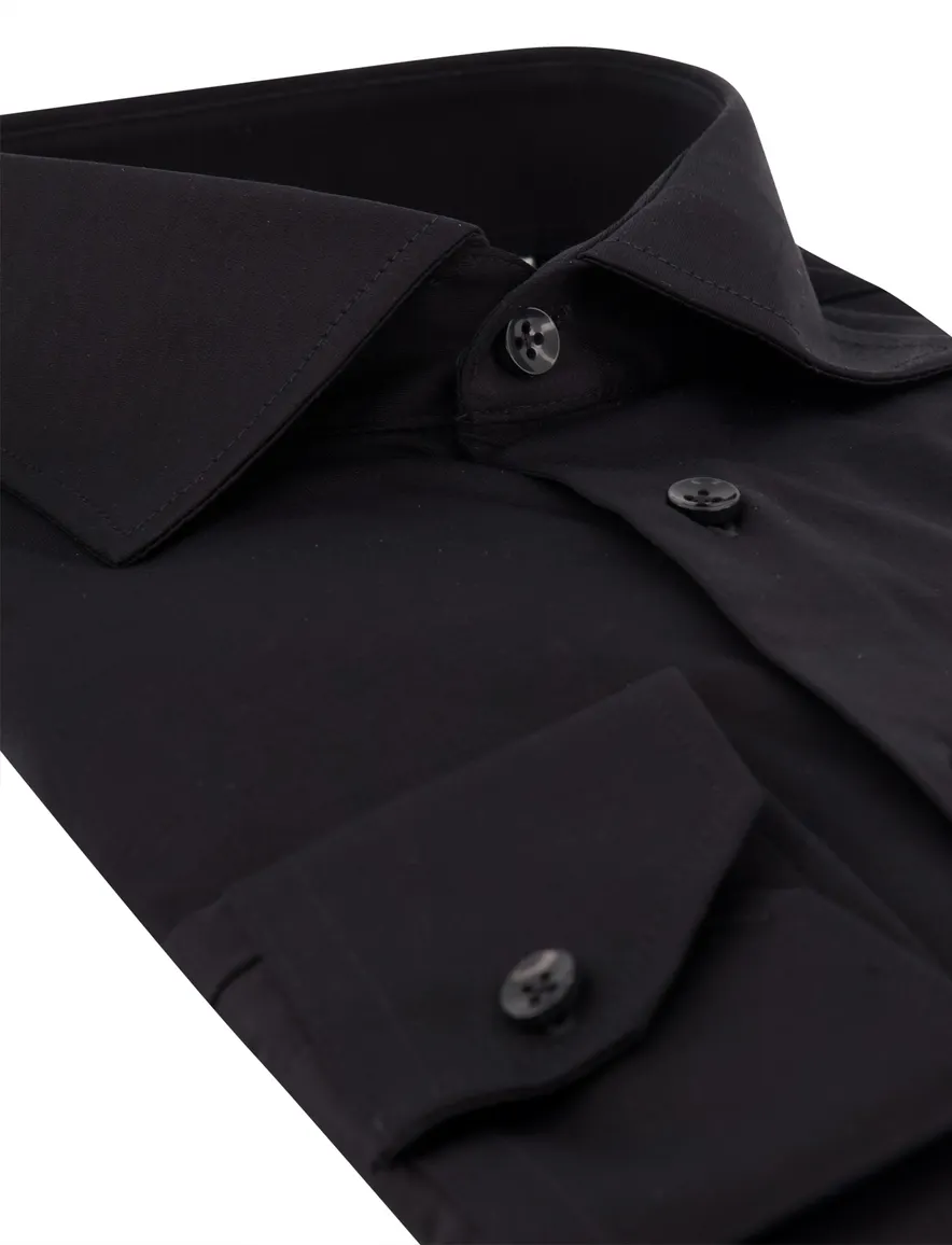 Ledub Modern Fit overhemd zwart effen stretch mouwlengte 7