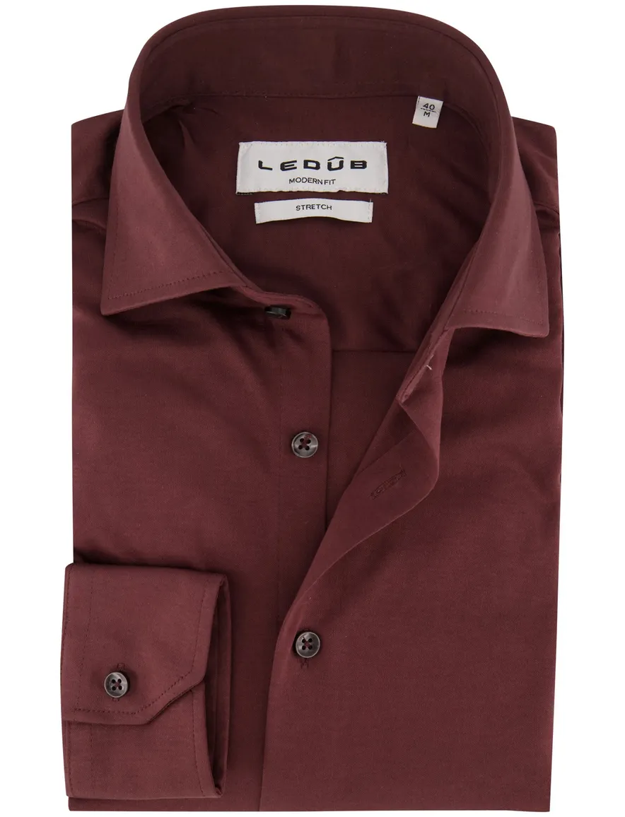 Ledub Modern Fit overhemd bordeaux effen stretch mouwlengte 7