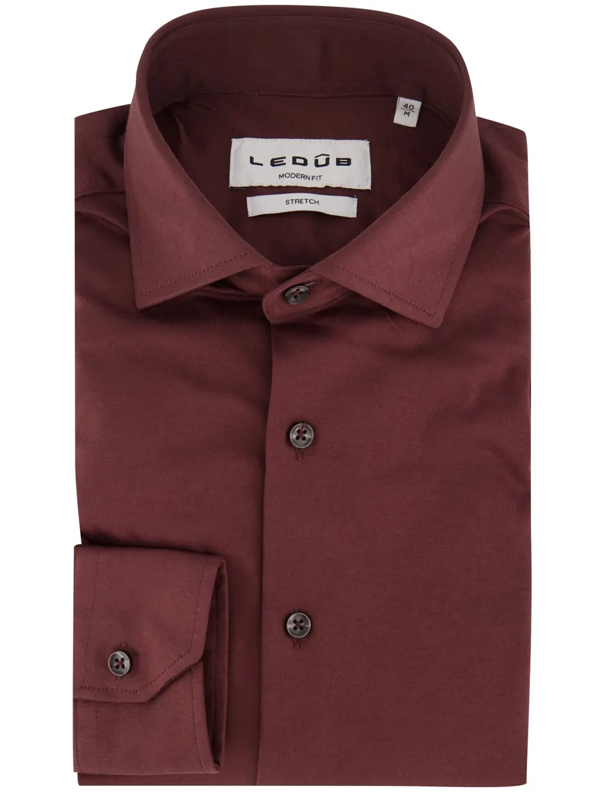 Ledub Modern Fit overhemd bordeaux effen stretch mouwlengte 7