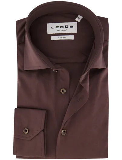 Ledub Ledub Modern Fit overhemd bruin effen stretch