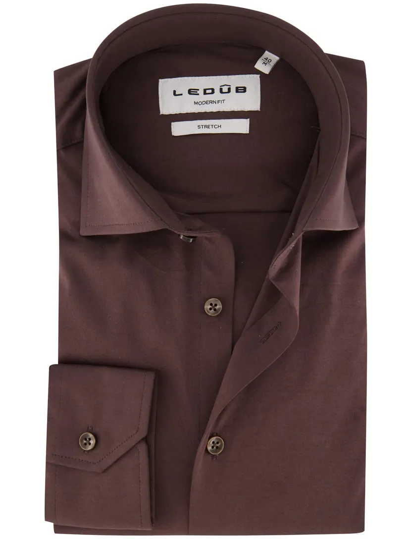 Overhemd Ledub Modern Fit bruin stretch