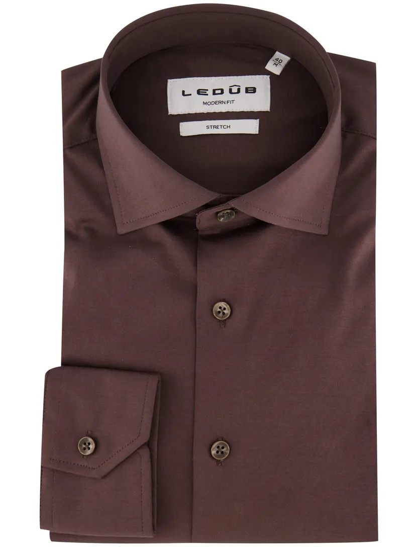 Overhemd Ledub Modern Fit bruin stretch