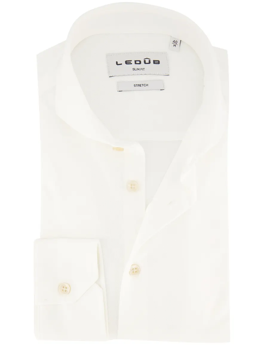 Ledub Slim Fit overhemd creme effen stretch mouwlengte 7