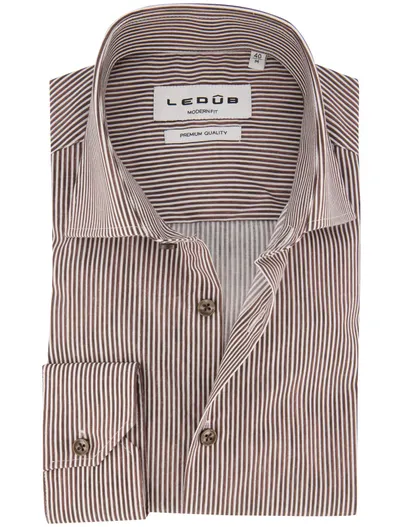 Ledub Ledub Modern Fit overhemd bruin gestreept mouwlengte 7