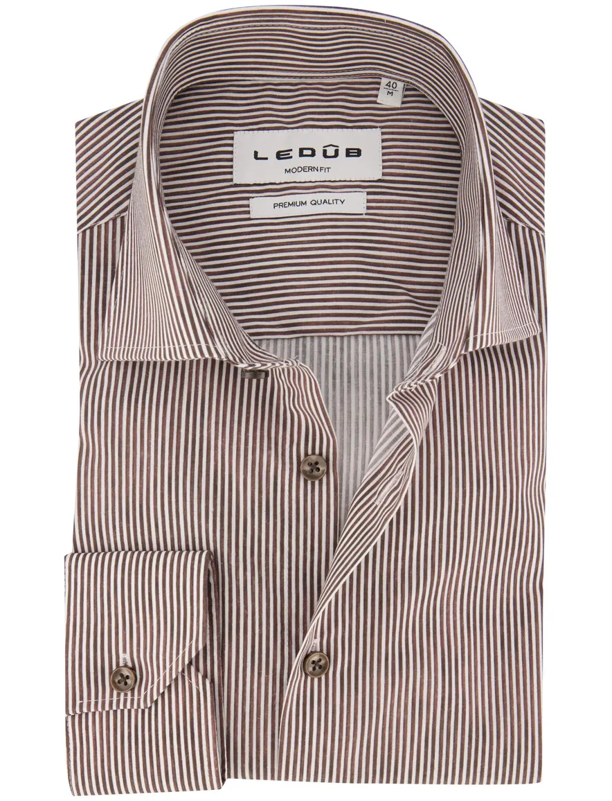 Ledub Modern Fit overhemd bruin gestreept mouwlengte 7