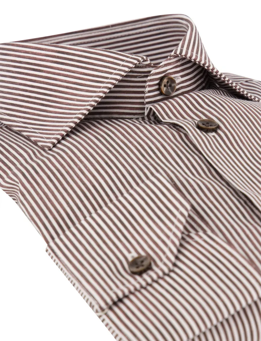 Ledub Modern Fit overhemd bruin gestreept mouwlengte 7