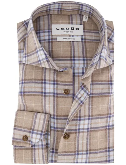Ledub Ledub Modern Fit overhemd bruin geruit mouwlengte 7