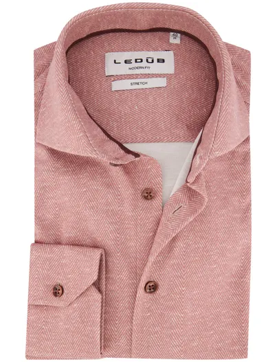 Ledub Ledub Modern Fit knitted overhemd rood geprint stretch mouwlengte 7