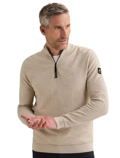 Vanguard Trui Vanguard half zip beige structuur grof gebreid