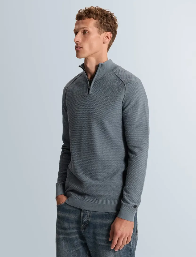 Trui Cast Iron half zip blauw slim fit