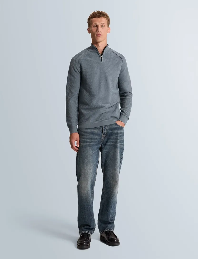 Trui Cast Iron half zip blauw slim fit