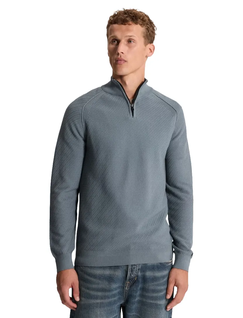 Trui Cast Iron half zip blauw slim fit