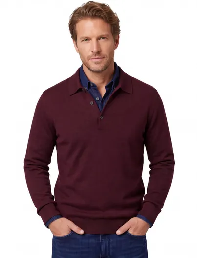 Thomas Maine Trui Thomas Maine bordeaux merinowol polo kraag