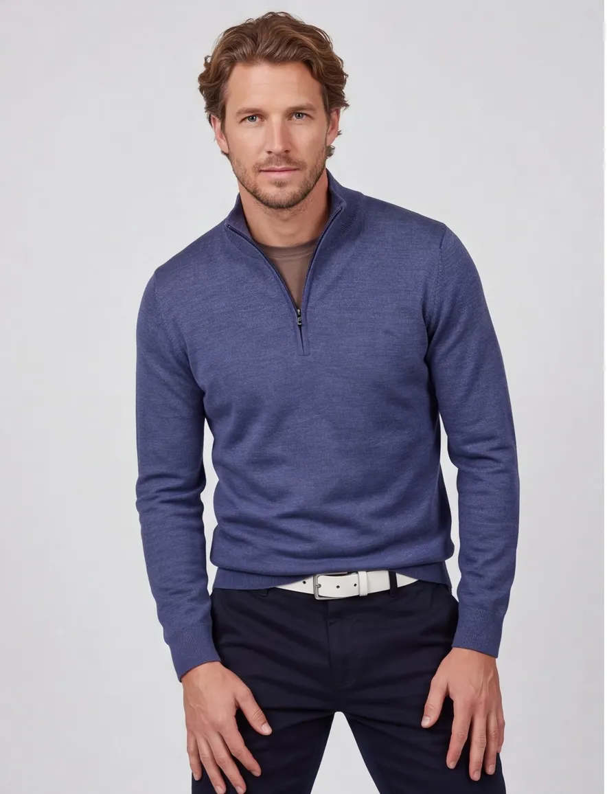 Thomas Maine trui half zip blauw gemeleerd