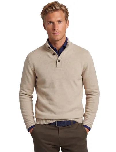 Thomas Maine Trui Thomas Maine beige gemeleerd half zip