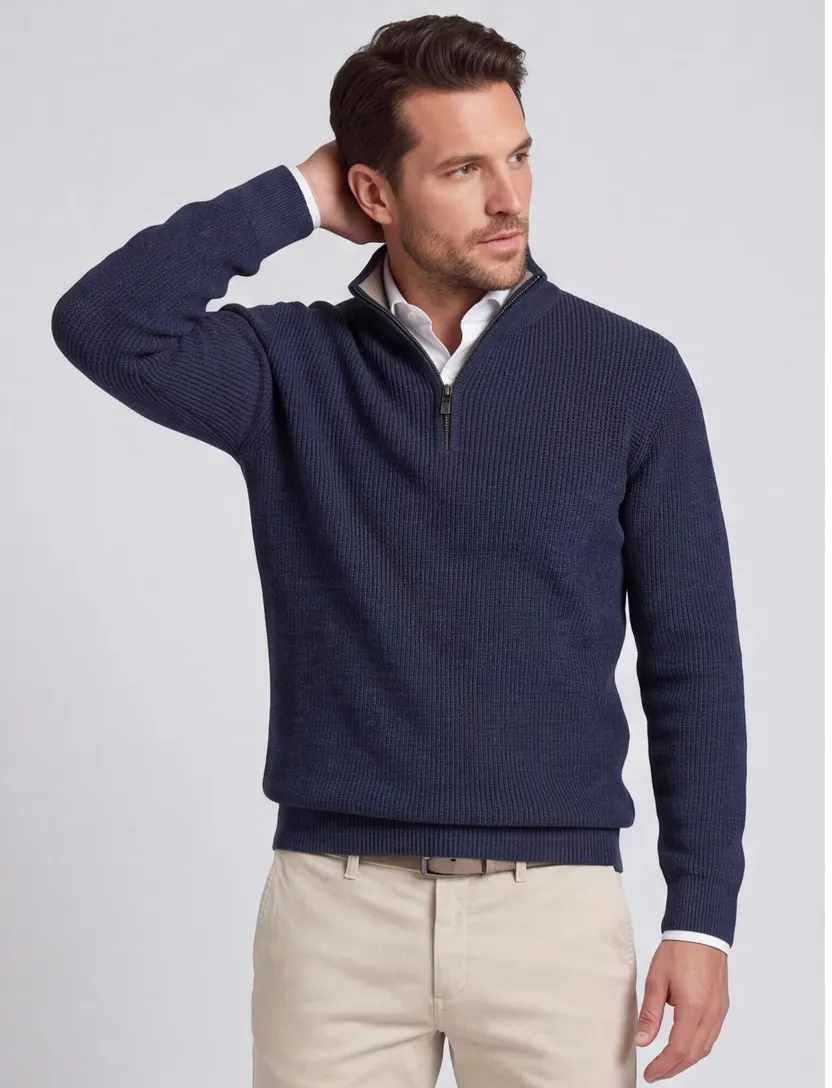 Trui Casa Moda donkerblauw half zip gebreid