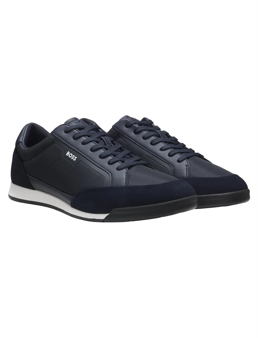 BOSS Black sneakers donkerblauw met koeleder suede element