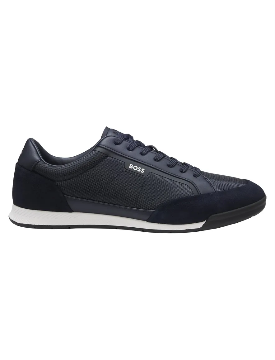 BOSS Black sneakers donkerblauw met koeleder suede element