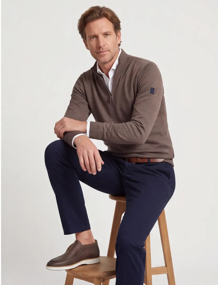 Trui Cavallaro bruin half zip merinowol