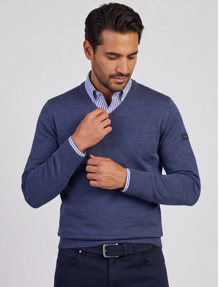 Trui Maerz blauw v-hals merinowol