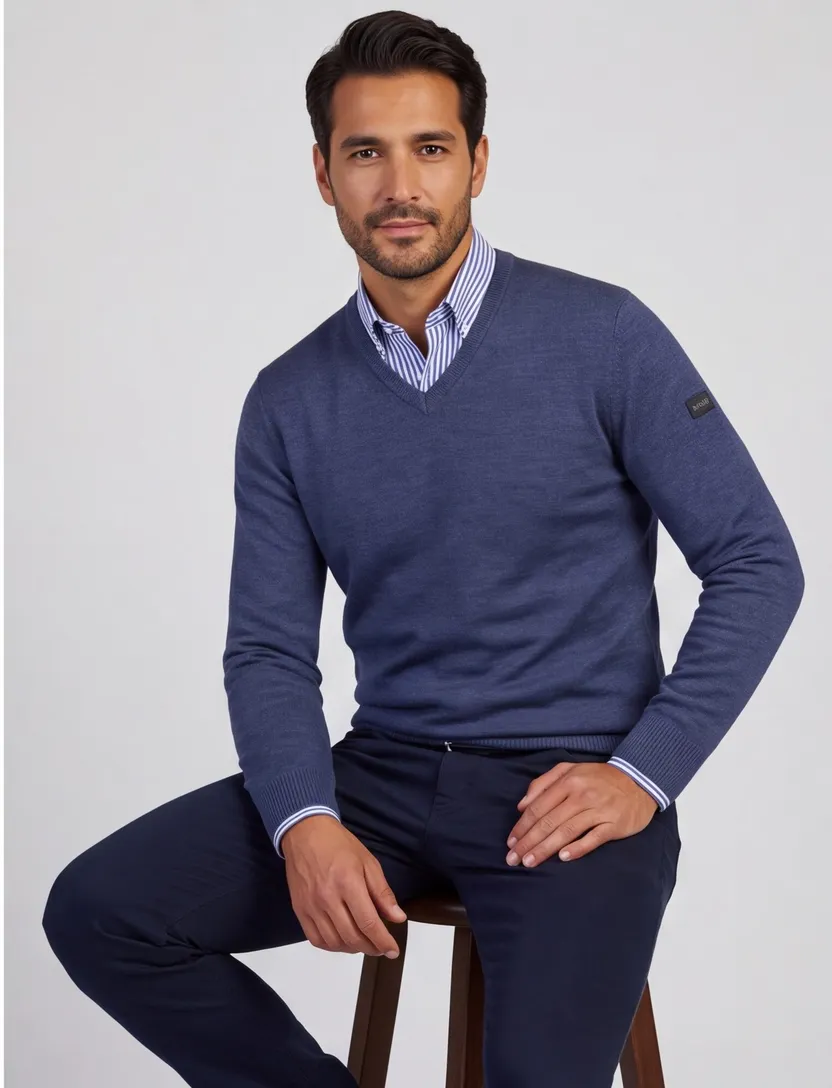 Trui Maerz blauw v-hals merinowol