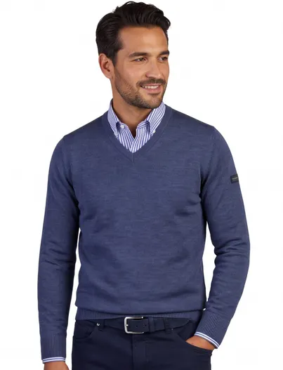 Maerz Trui Maerz blauw v-hals merinowol