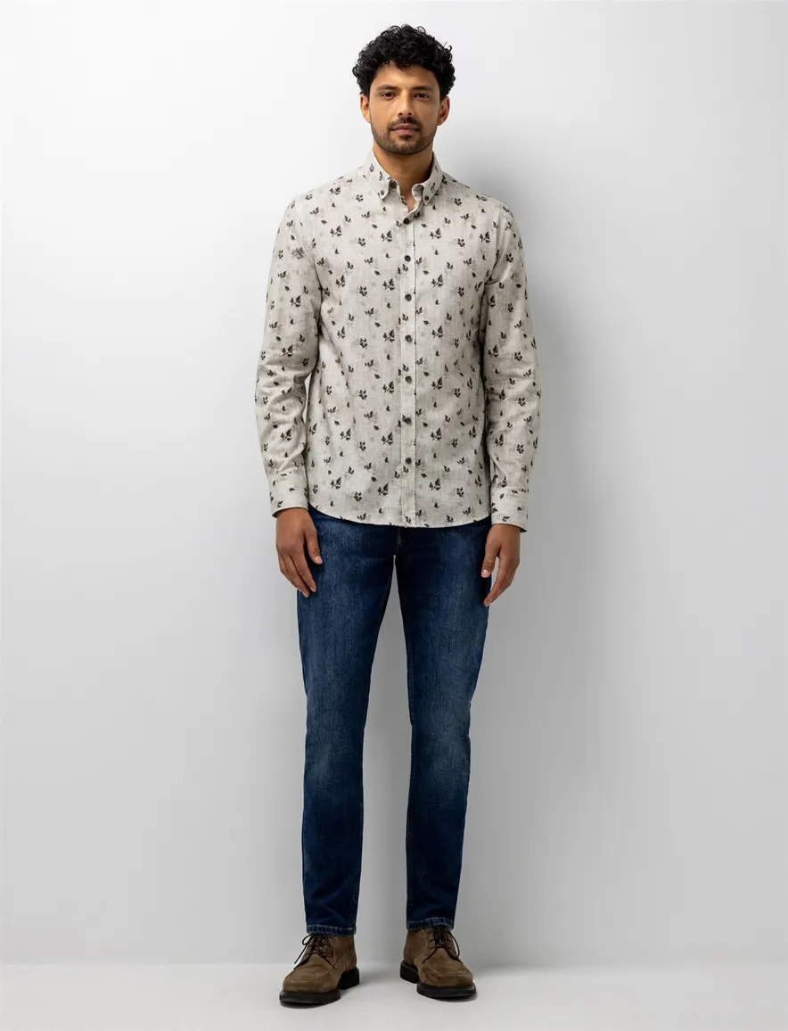 State of Art overhemd van flanellen twillstof beige geprint