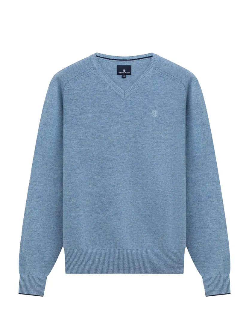 Trui State of Art blauw gemeleerd v-hals