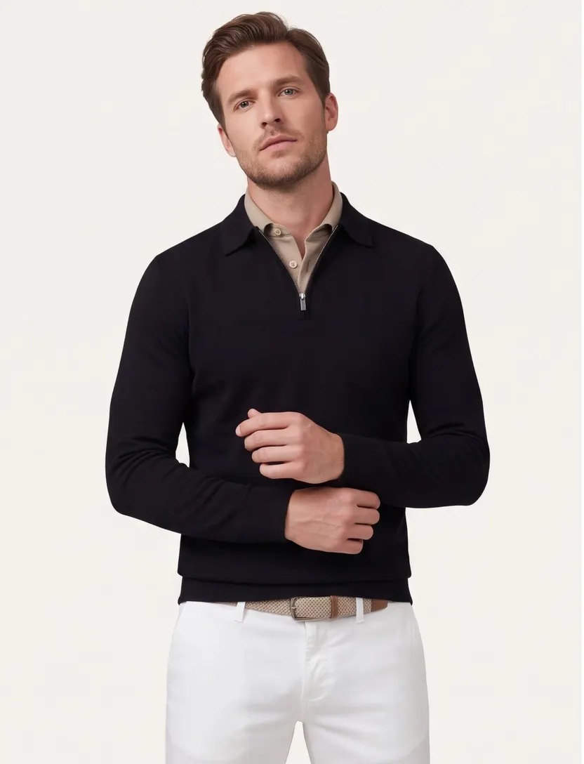 Poloshirt Cavallaro zwart merinowol met rits