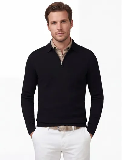 Cavallaro Poloshirt Cavallaro zwart merinowol met rits