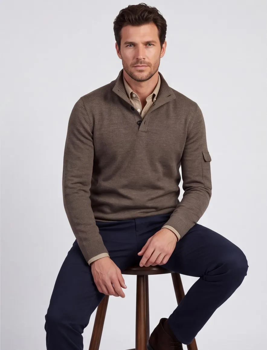 Gentiluomo trui half zip gebreid bruin met knopen